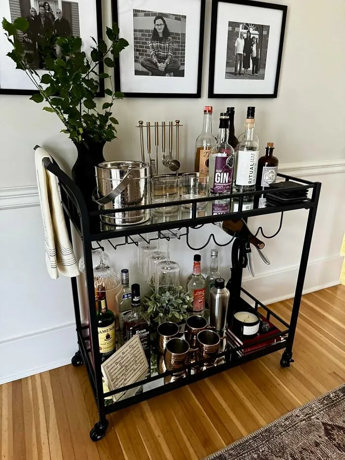 Finally, A Designated Spot For Your Fancy Gins And That One Bottle Of Weird Liqueur You Bought On Vacation, Thanks To This <a Style="Display:inline;" Href="Https://Www.amazon.com/Vasagle-Cart-Mirror-Shelves-Ulrc090a03/Dp/B094vl5vhz?ie=utf8&th=1&linkcode=ll1&tag=bppony-20&linkid=91005364da1b3e3d64c3c73ff8c59599&language=en_us&ref_=as_li_ss_tl" Target="_blank"><span Style="Font: Inherit; Color: #d74b1f;"> Sleek Bar Cart </Span>