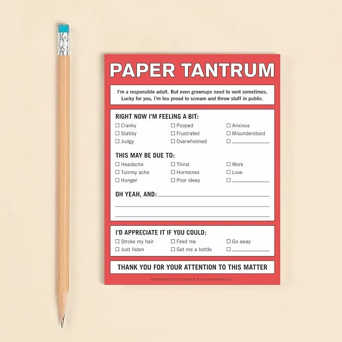 Got Feelings You Need To Express? Scribble, Rant, Or Draw Your Frustration Out On A Dramatic <a Style="Display:inline;" Href="Https://Www.amazon.com/Gp/Product/1601068093?th=1&linkcode=ll1&tag=bpgrape-20&linkid=e8754f29656ed3d1b599b23fae14b43c&language=en_us&ref_=as_li_ss_tl" Target="_blank"><span Style="Font: Inherit; Color: #d74b1f;"> Paper Tantrum Notepad </Span>