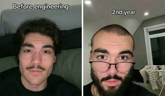 Before and after photos of an engineering student showing the struggle and transformation during the 2nd year of studies.