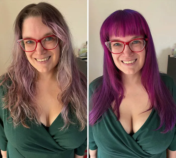 Woman with red glasses showing a gorgeous hair transformation from wavy light purple to sleek vibrant purple with bangs.
