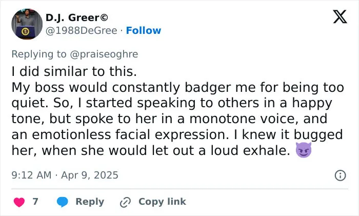 Tweet showing a strategy for dealing with toxic coworkers by changing tone and facial expression to annoy a boss.
