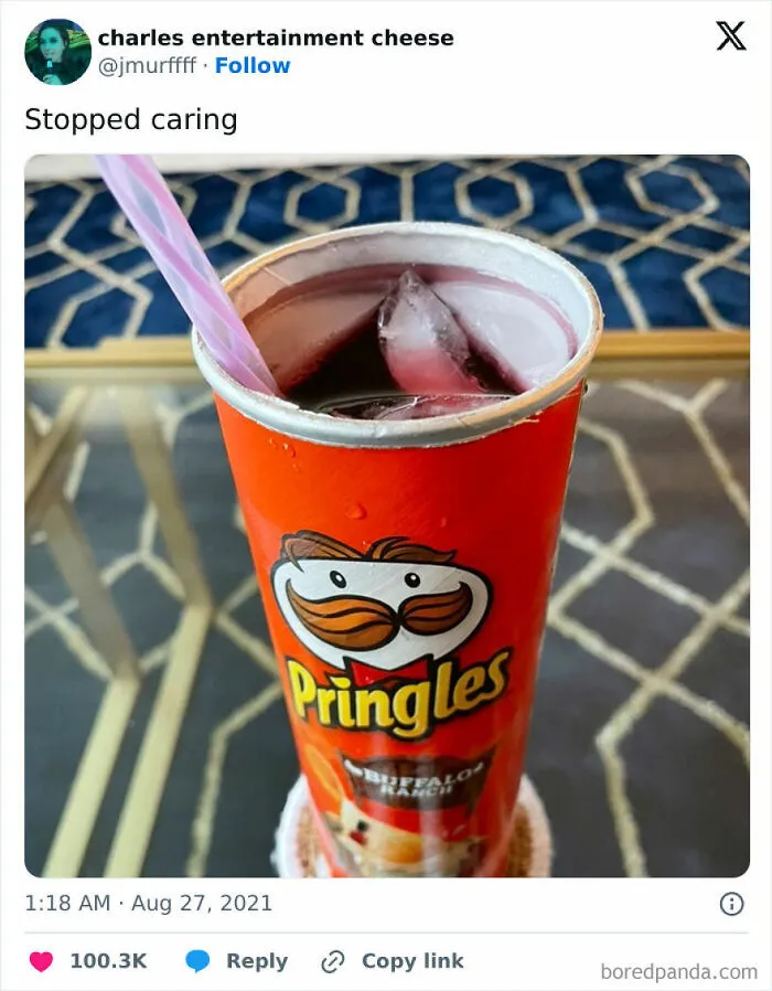 Pringles chip can repurposed as a cup with a straw, illustrating a funny meme for a meltdown convenience moment.