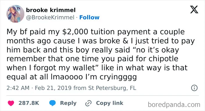 Screenshot of a tweet about a boyfriend paying $2,000 tuition, shared to give a daily serotonin boost from an IG page.