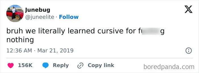 Tweet showing a humorous complaint about learning cursive, illustrating memes about being one inconvenience from a full meltdown.