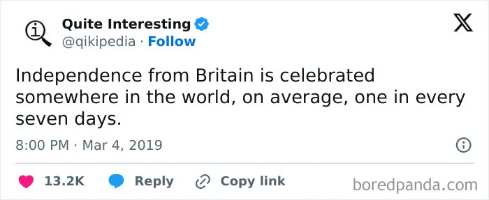 Tweet about independence from Britain occurring weekly, with a historical meme featuring a soldier in uniform reacting uneasily.
