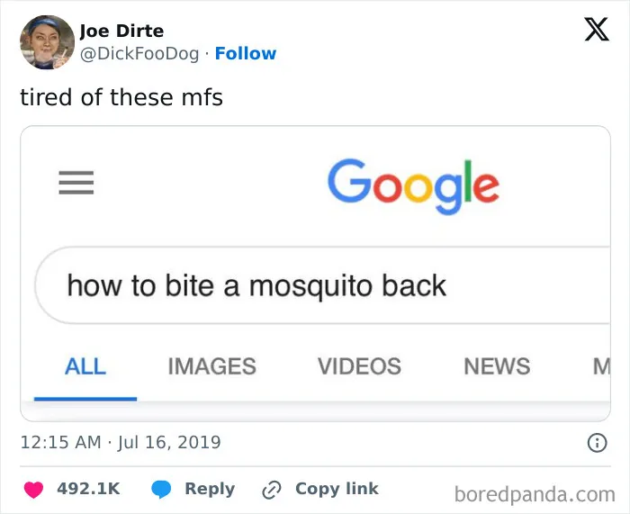 Tweet showing a Google search for how to bite a mosquito back, expressing frustration with inconveniences.