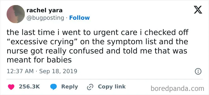 Screenshot of a funny meme about excessive crying and a nurse, related to memes for a full meltdown.