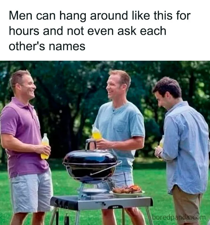 Three men stand by a grill outdoors, sharing drinks and laughter, capturing the essence of funny memes to improve your day.