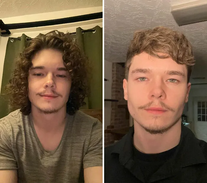 Side-by-side comparison of a young man’s hair transformation from long curly hair to short styled hair, showcasing gorgeous hair transformations.