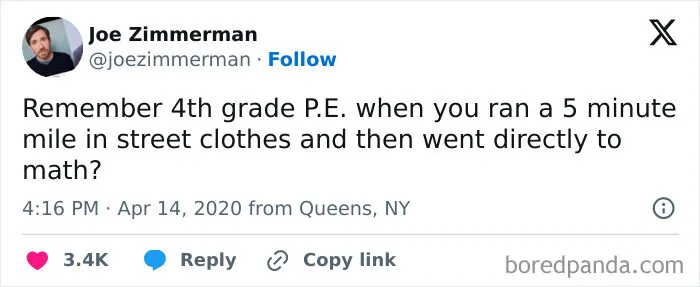 Tweet about struggling through 4th grade P.E. mile run in street clothes, a relatable Random-Gen-Z-Memes post.