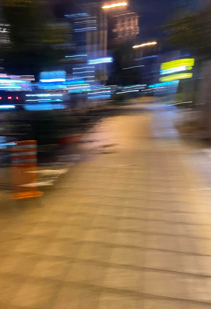 Blurry nighttime city sidewalk with streetlights and traffic cones, resembling a wildlife photo gone unpolished and humorous.