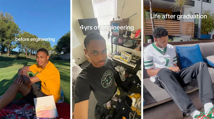 Young man showing transformation through engineering studies, illustrating challenges faced by engineering students before and after graduation.