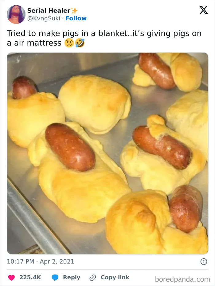 Baked funny pigs in a blanket with odd shapes, perfect for memes if you’re one inconvenience away from a full meltdown.