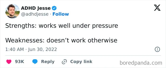 Tweet humor about strengths and weaknesses, part of funny memes for those near a full meltdown.
