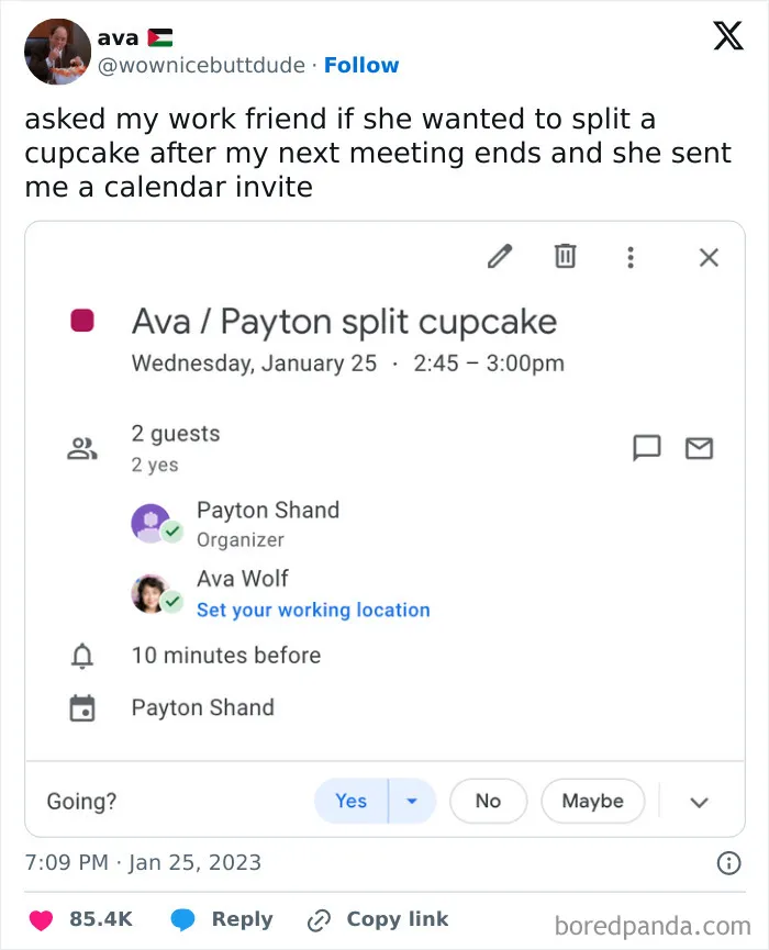 Twitter screenshot showing a humorous calendar invite to split a cupcake, perfect for funny memes about inconvenience meltdowns.