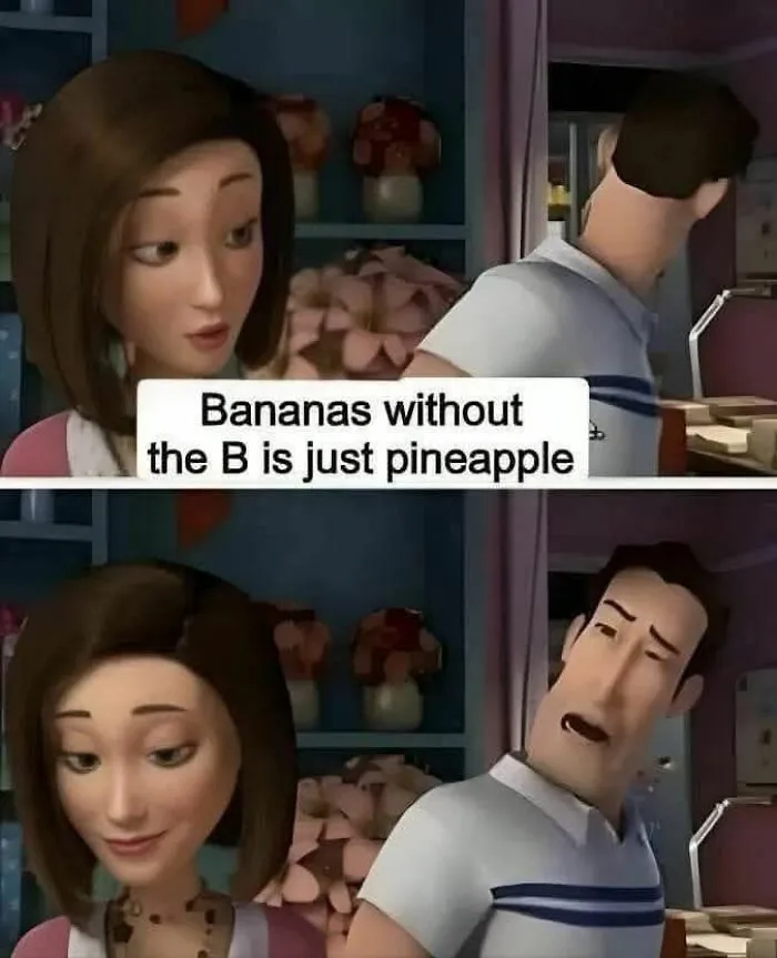 Animated woman and man in a humorous meme about bananas and pineapple, part of funny memes to lighten a hard day collection.