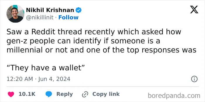 Tweet by Nikhil Krishnan sharing a funny Reddit thread about how Gen-Z memes describe identifying millennials by having a wallet.