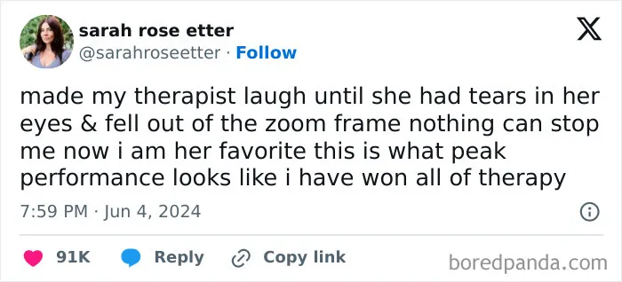 Tweet by sarah rose etter humorously claiming peak performance in therapy, illustrating hilariously obvious lies people tried to pass off as true.