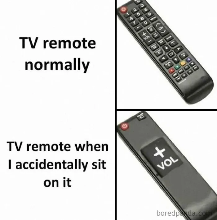 TV remote normally versus TV remote after accidentally sitting on it, shown in a hilarious meme from popular Facebook meme page.