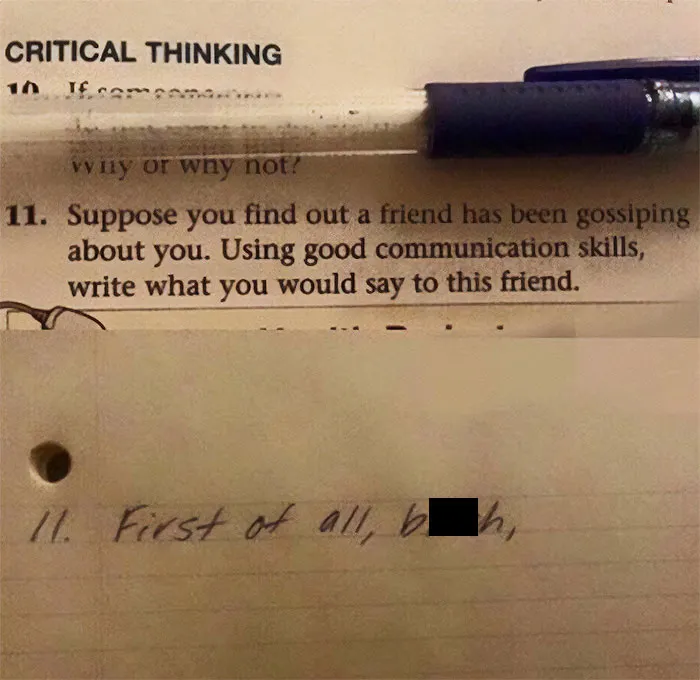 Homework question on communication skills with a humorous handwritten response, highlighting memes about being one inconvenience from meltdown.