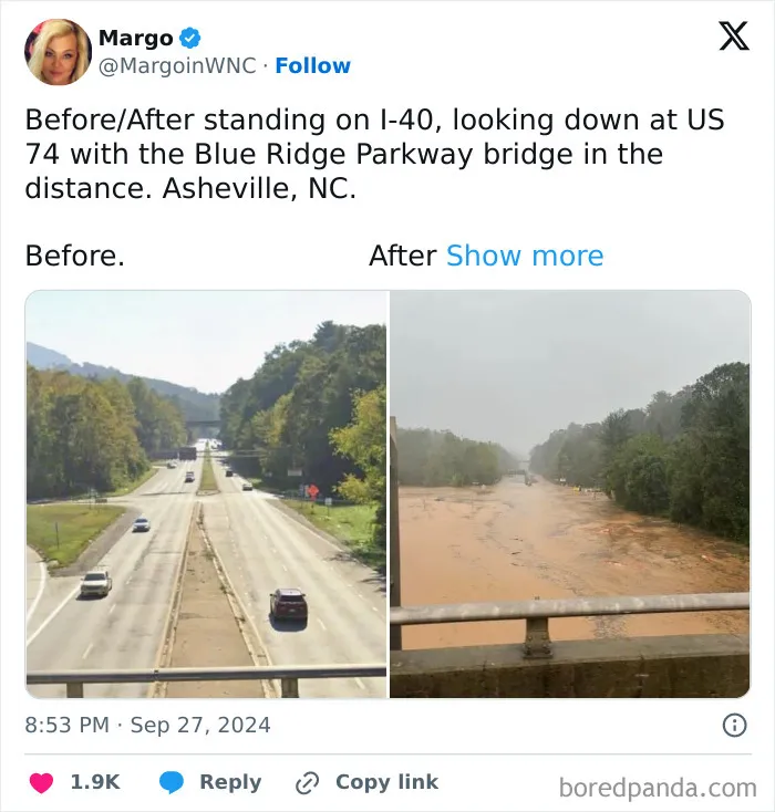 Before and after photos showing severe flooding transforming a highway near Blue Ridge Parkway bridge in Asheville, NC.