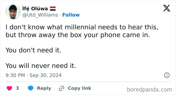 Tweet from Random-Gen-Z-Memes account advising millennials to throw away their phone boxes and never need them again.