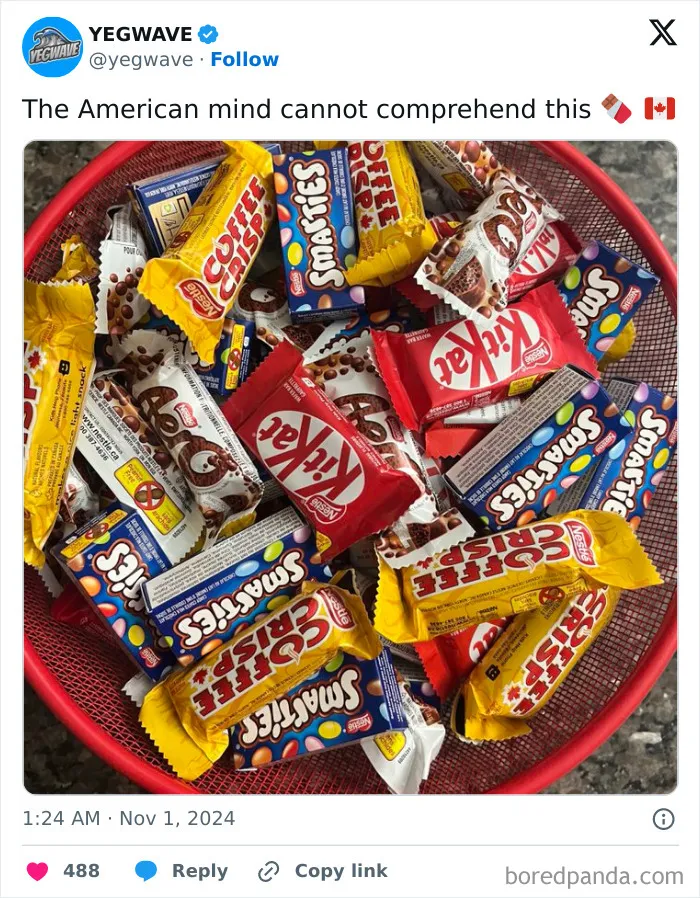 Basket of Canadian snack-size chocolates including Coffee Crisp, Smarties, Aero, and Kit Kat bars to confuse American viewers.