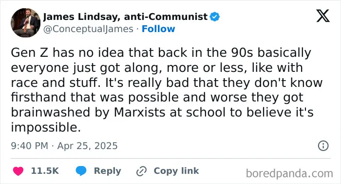 Tweet mocking Gen Z for failing to understand 90s racial tolerance, illustrating rose tinted tolerance and nostalgia mockery online.