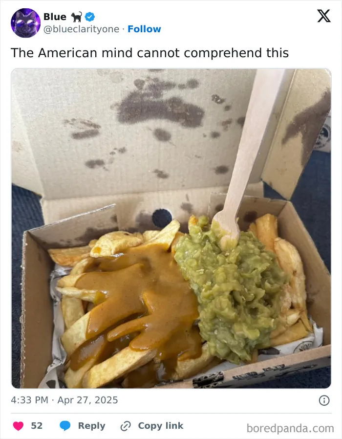 Fries topped with an unusual combination of brown gravy and mashed green peas served in a cardboard box.