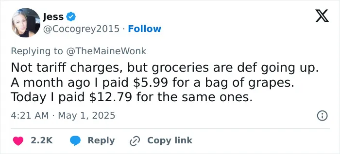 Tweet from Jess discussing rising grocery prices and the impact of high tariffs on regular Americans' expenses.