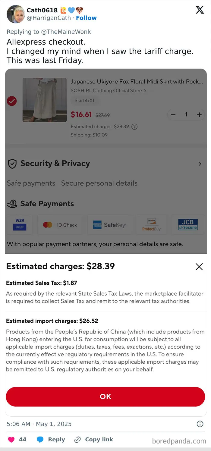 Screenshot of an online checkout showing import charges and sales tax highlighting impact of high tariffs on regular Americans.