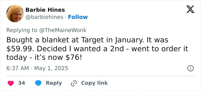 Tweet showing price increase on a blanket, illustrating how regular Americans face higher costs due to tariffs and inflation.