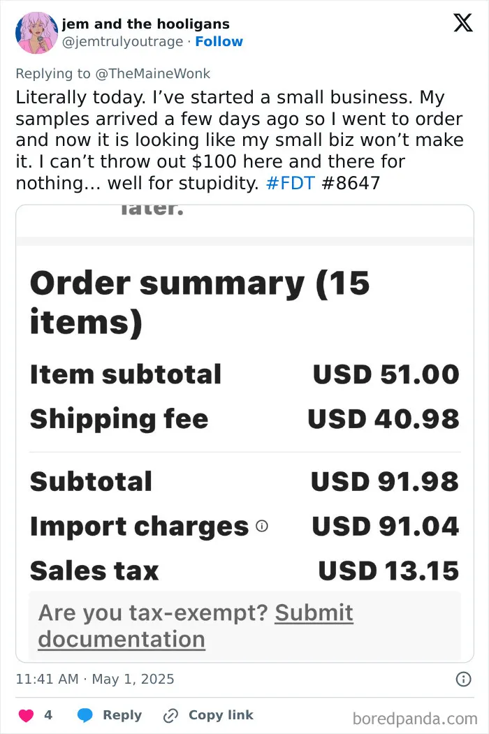 Tweet showing a small business owner’s order summary with high import charges and fees affecting regular Americans.