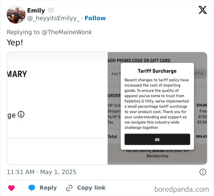 Tariff surcharge notice on online order highlighting the cost impact of high tariffs on regular Americans.