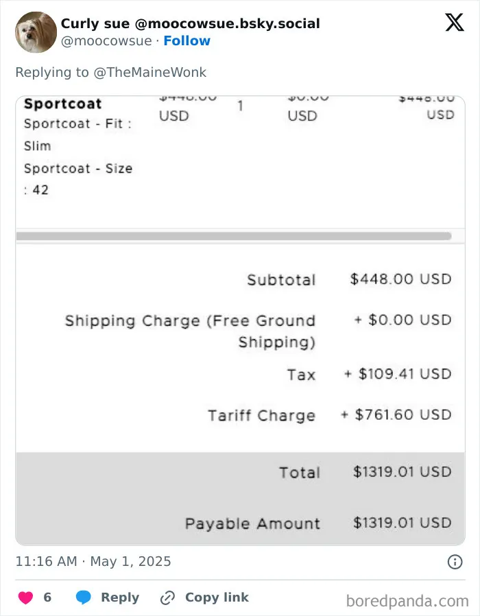Receipt showing a high tariff charge contributing to the increased cost paid by regular Americans.