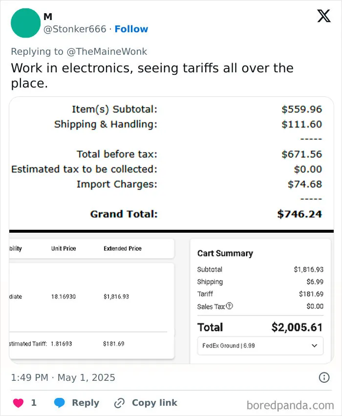 Receipts showing high tariffs increasing costs on electronics and other items for regular Americans.