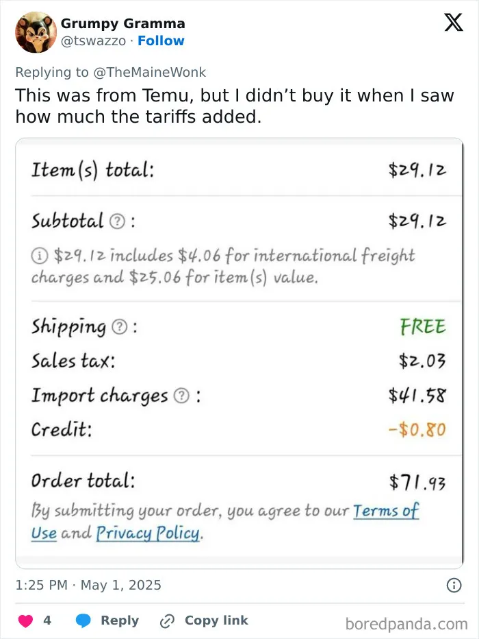Receipt showing high tariffs impact with import charges doubling item cost for regular Americans shopping online.