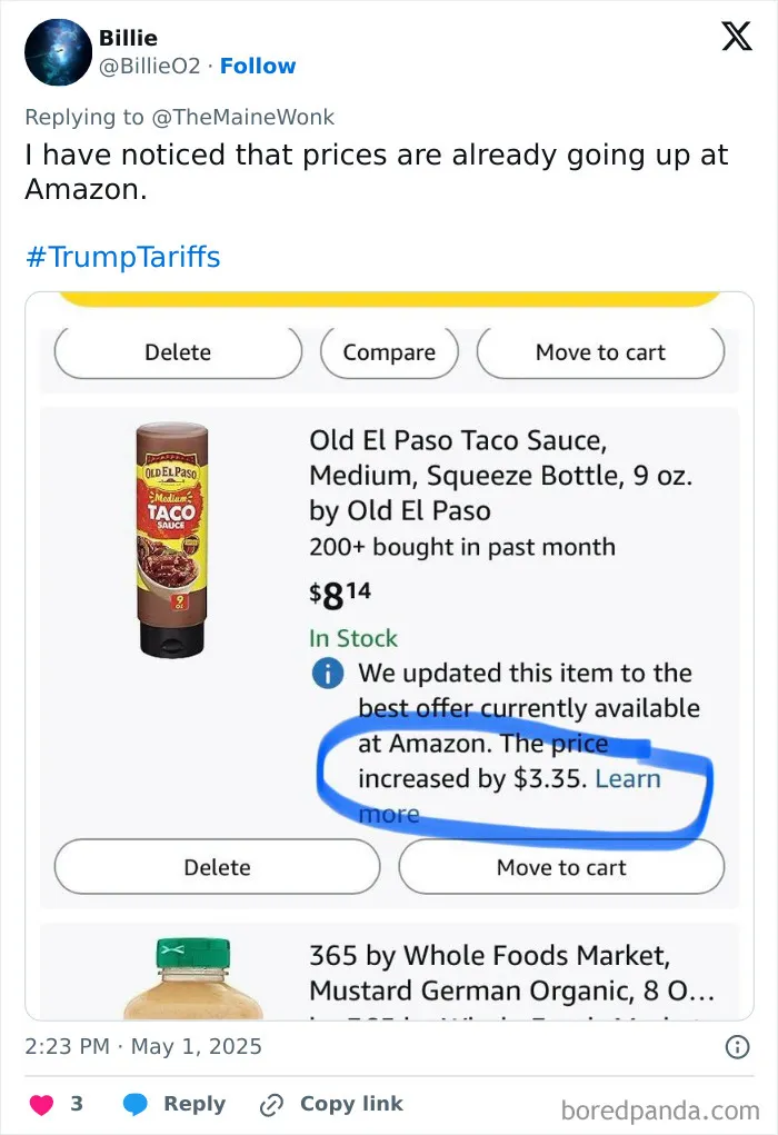 Amazon price increase on Old El Paso taco sauce highlighting the impact of high tariffs on regular Americans.