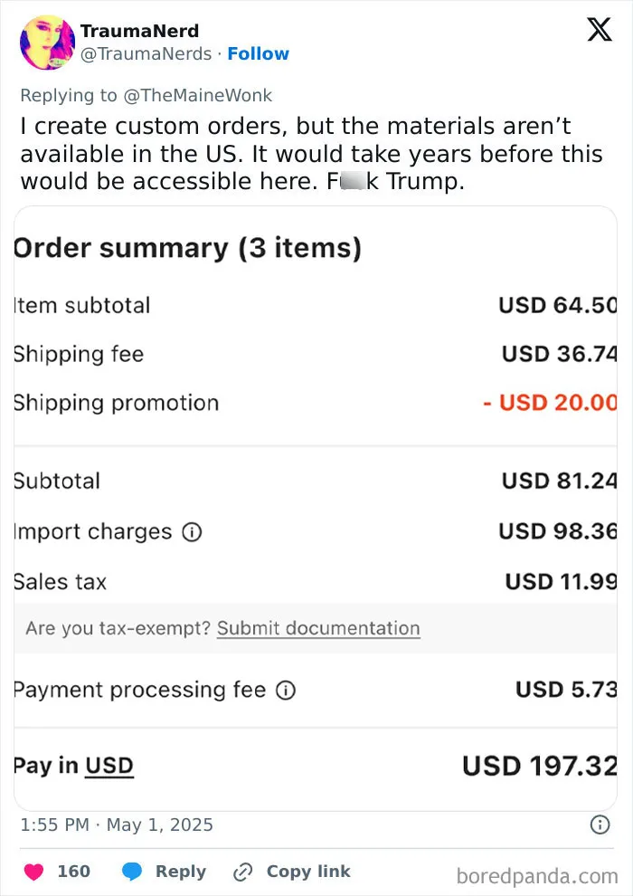 Tweet showing a checkout screen with high import charges and taxes impacting regular Americans due to tariffs.