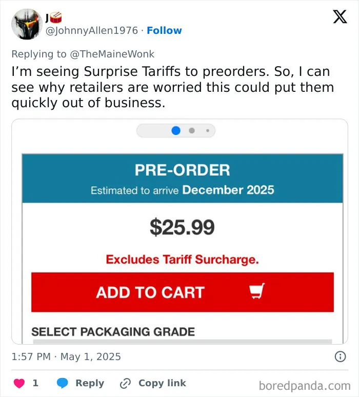 Tweet discussing surprise tariffs on preorders with product priced at $25.99 excluding tariff surcharge, highlighting impact of high tariffs.