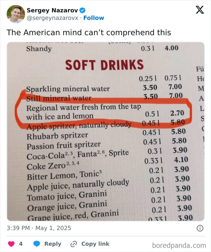 Menu listing soft drinks with regional water fresh from the tap with ice and lemon highlighted to confuse Americans.