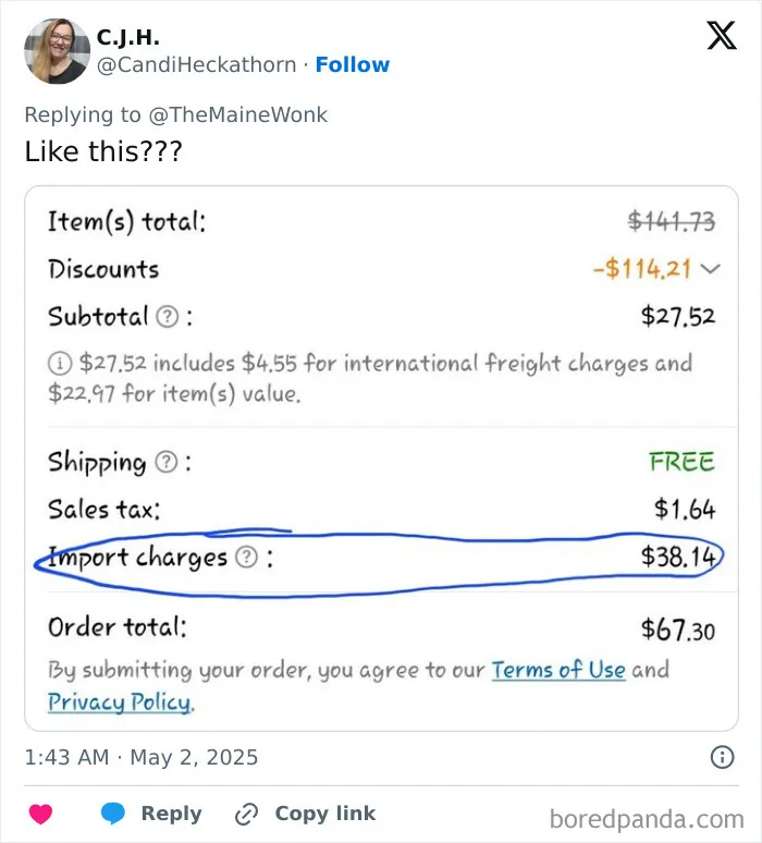 Receipt showing import charges of $38.14 highlighting the impact of high tariffs on regular Americans.