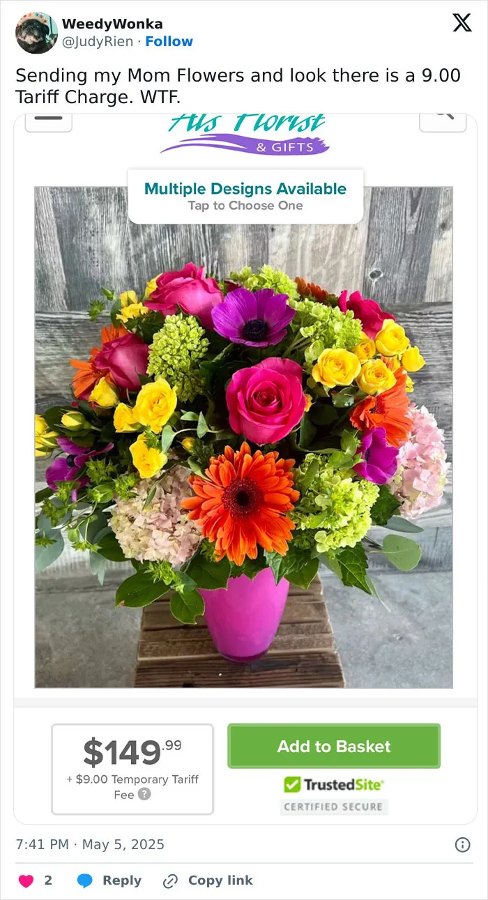 Colorful flower bouquet in a pink vase showing high tariff fee highlighting impact on regular Americans