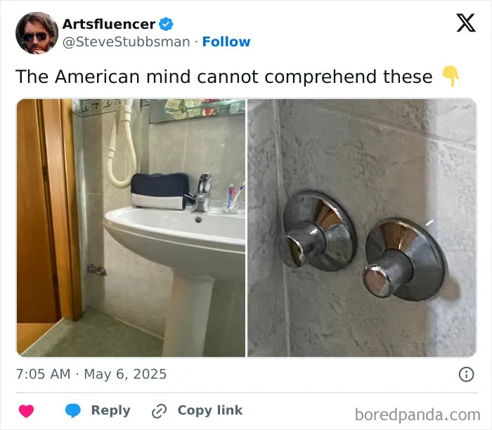 Bathroom sink faucet with unusual knob design, featured in photos confusing the American mind and challenging common expectations.