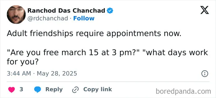 Social media post humor about adult friendships requiring scheduled appointments to meet.