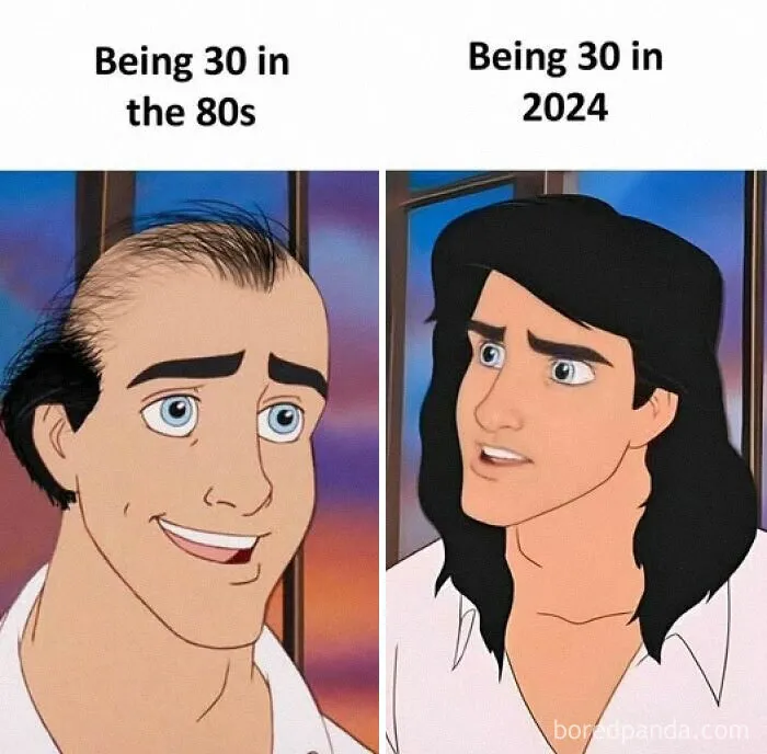 Comparison of animated characters showing being 30 in the 80s versus being 30 in 2024 from a hilarious memes Facebook page.