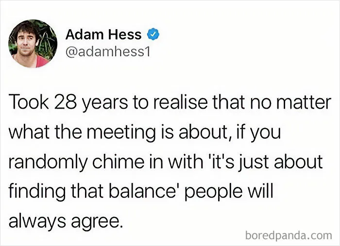 Tweet by Adam Hess about meetings and finding balance, a funny meme reflecting one inconvenience away from a full meltdown.