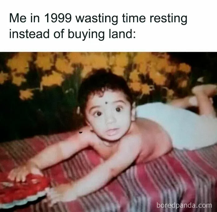 Baby lying on tummy with wide eyes in a hilarious meme about wasting time, featured on a Facebook page with funny memes.