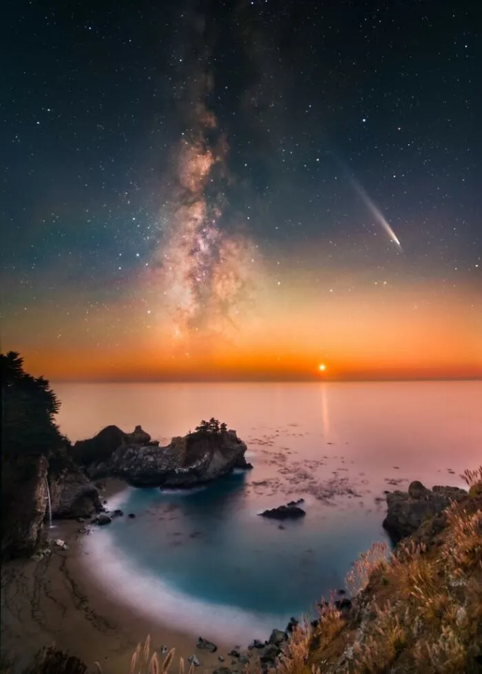 “Starlit Ocean: A Comet, The Setting Venus, The Milky Way, And Mcway Falls” By Xingyang Cai
