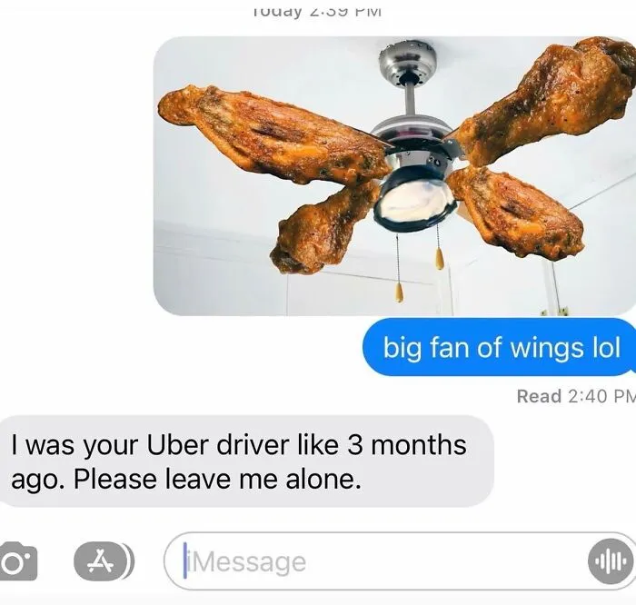 Text message exchange including a funny meme of chicken wings as fan blades with a humorous reply.